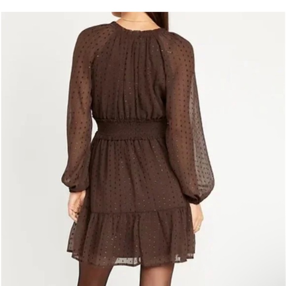 Old Navy Brown Shimmer Chiffon‎ Mini Dress Long Sleeve Waist-Defined XL - Picture 2 of 6